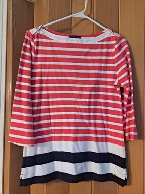Tommy Hilfiger Coral, White & Black Striped Boatneck Top